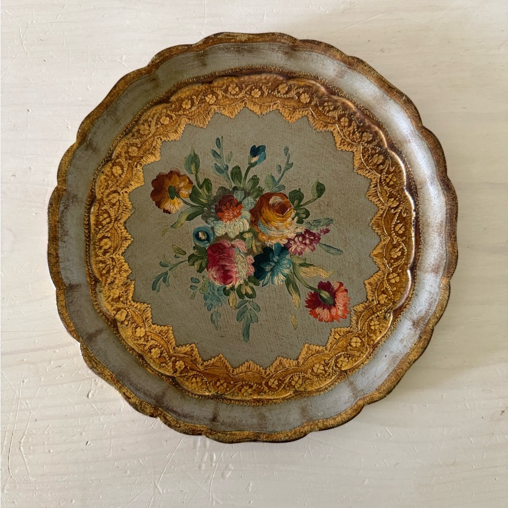 Floral Decorative Wooden Plate with Gold Trim